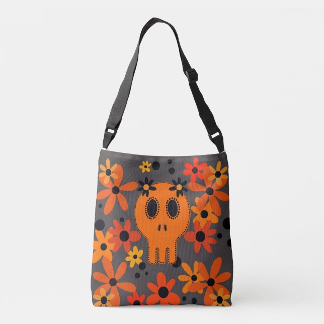 Bolso Cruzado Calavera naranja vibrante y flores (Reverso)