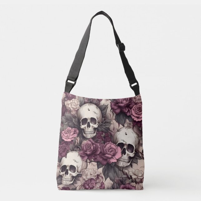 Bolso Cruzado Calaveras góticas caen en Florals Halloween oscuro (Anverso)