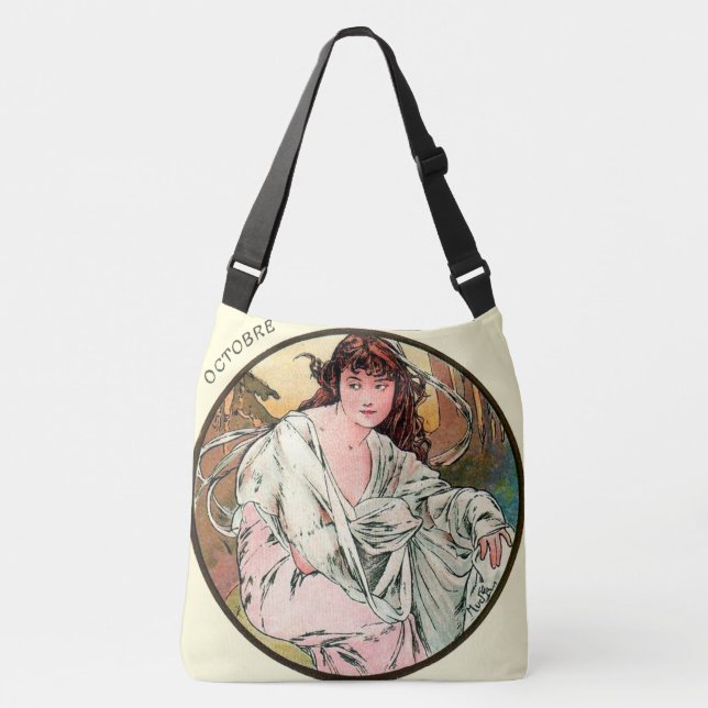 Bolso Cruzado Calendario octubre de Nouveau Mucha del arte (Anverso)