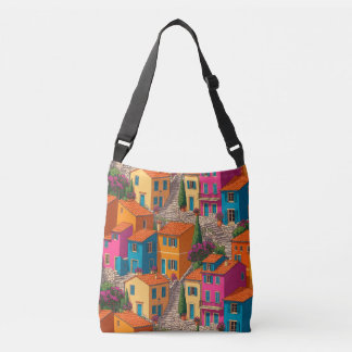Bolso Cruzado Calles Mediterráneas — Patrón de Casas Coloridas