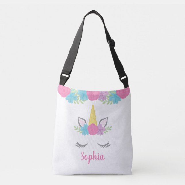 Bolso Cruzado Cara floral del unicornio personalizada (Anverso)