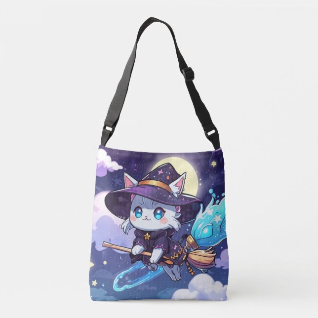 Bolso Cruzado Chibi Witch Cat Flying in Starry Sky – Kawaii Magi (Reverso)