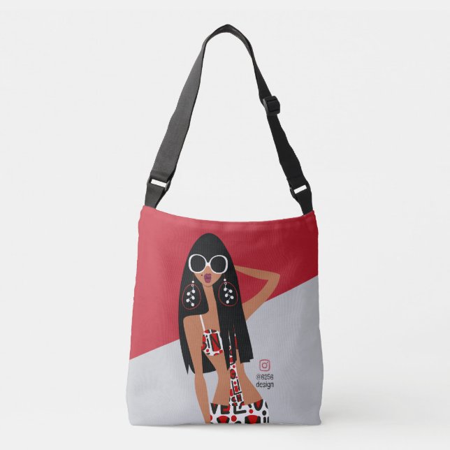 Bolso Cruzado Chica negro sobre rojo, blanco, gris y negro (Anverso)