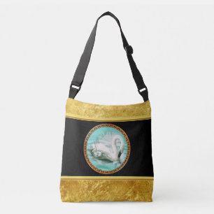Bolso Cruzado Cisne en agua turquesa con diseño dorado y negro