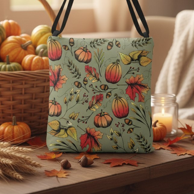 Bolso Cruzado Colorful Fall Harvest Sage Green Hand Drake (Rustic Fall Harvest Pumpkin, Orange Gourds & Leaves Pattern in Autumn Colors for Fall & Thanksgiving)