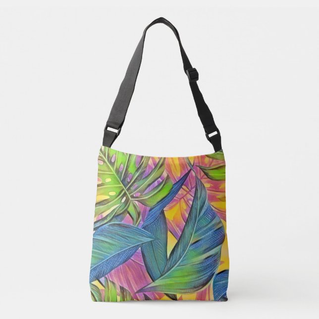 Bolso Cruzado Coloridas hojas tropicales de gran tamaño pintura  (Anverso)