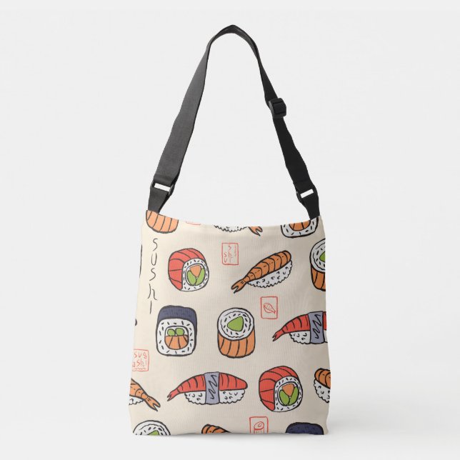 Bolso Cruzado Comida de sushi, diseño de patrones impecable. (Anverso)