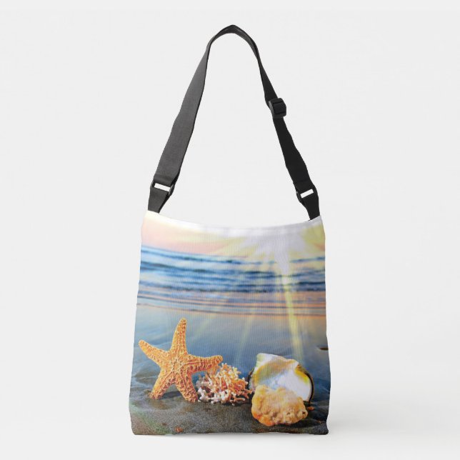 Bolso Cruzado conchas de mar y estrellas de mar en la playa (Anverso)