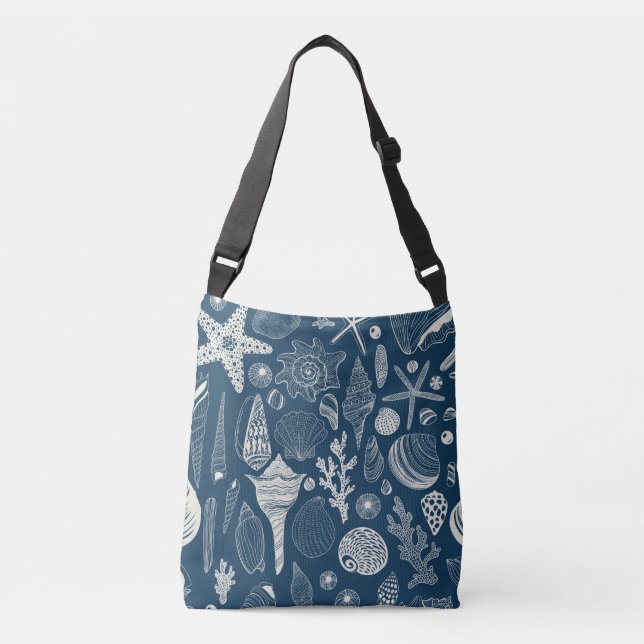 Bolso Cruzado Conchas marinas sobre azul oscuro (Anverso)
