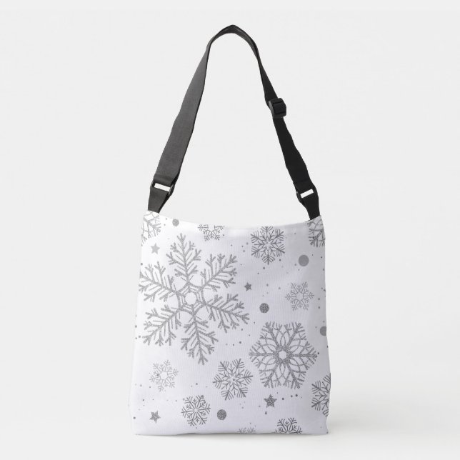 Bolso Cruzado Copos de nieve plateados en blanco (Anverso)