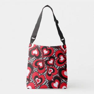 Bolso Cruzado Corazones, negros, rojos y blancos.