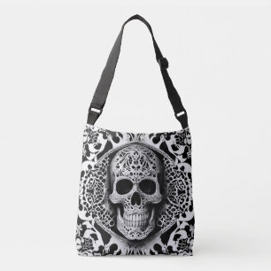 Bolso Cruzado Cráneo de encaje sonriente negro y blanco