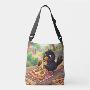Bolso Cruzado Cría de mirlo negro dibujado comiendo pizza