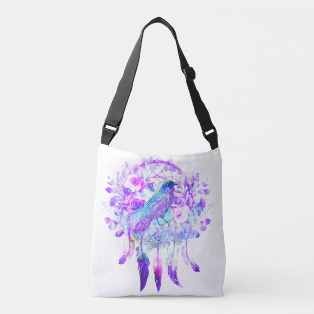 Bolso Cruzado Crow Dreamcatcher Blue Purple Floral (Anverso)