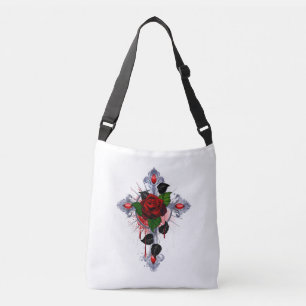 Bolso Cruzado Cruz de Plata con una Rosa Roja
