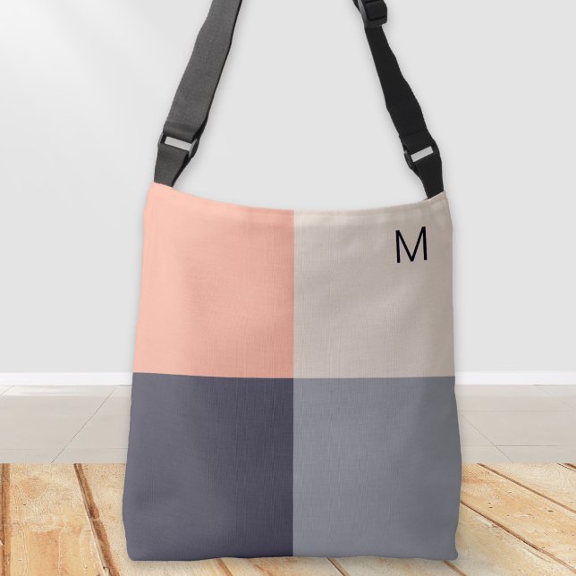 Bolso Cruzado Cuadrados geométricos de abstracto moderno (An elegant monogrammed bag with a stylish color block design in oatmeal, taupe, charcoal and peach)