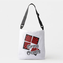 Bolso Cruzado Cuadrados rojos con vigas y óvalos grises Texto