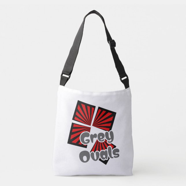 Bolso Cruzado Cuadrados rojos con vigas y óvalos grises Texto (Anverso)