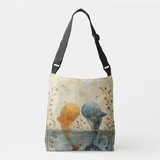 Bolso Cruzado Cuta pintura acuática de dos ballenas (Anverso)