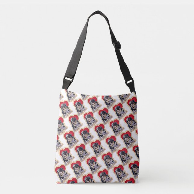 Bolso Cruzado Cute Black Tan PopArt Bernedoodle Heart Pattern (Anverso)