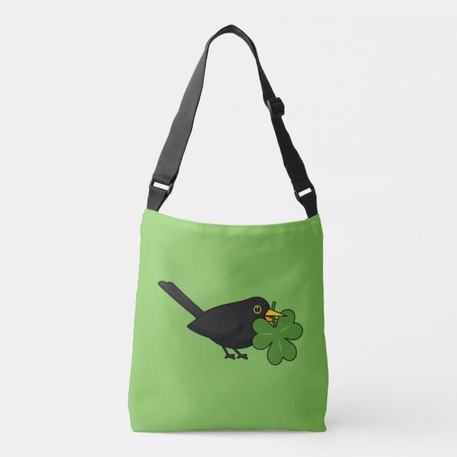 Bolso Cruzado Cute Blackbird con Shamrock Clover Personalizado (Anverso)