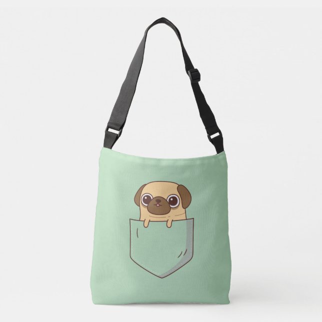 Bolso Cruzado Cute Pug Doodle en Bolsillo Verde Falso (Anverso)