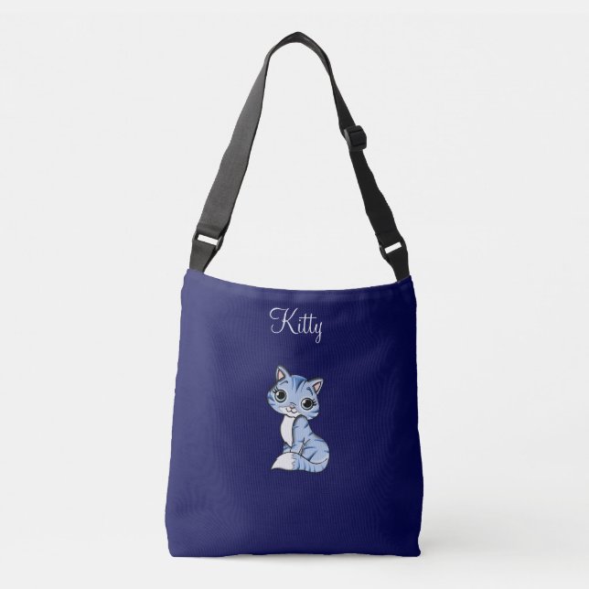 Bolso Cruzado Cute tabby kitty cat sobre azul marino (Anverso)