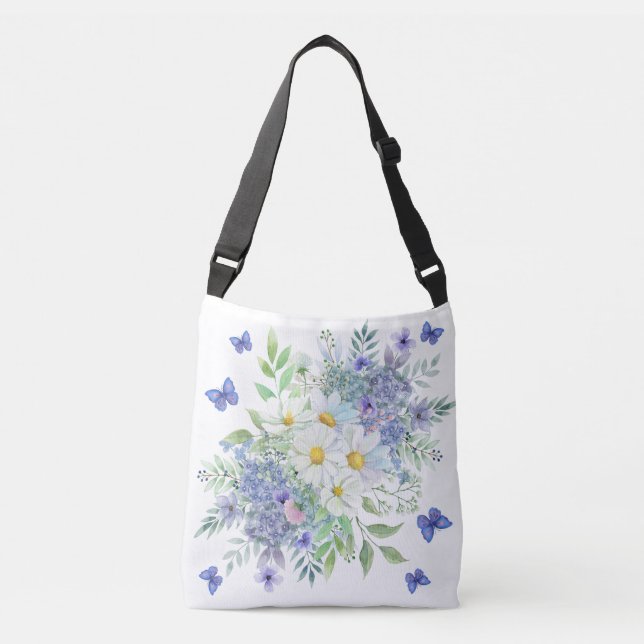 Bolso Cruzado Daisias de primavera de bonito, flores azules y ma (Anverso)