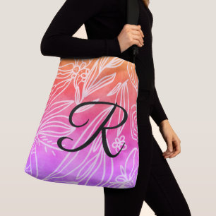 Bolso Cruzado Dibujo de hojas blancas rosadas monograma negro de