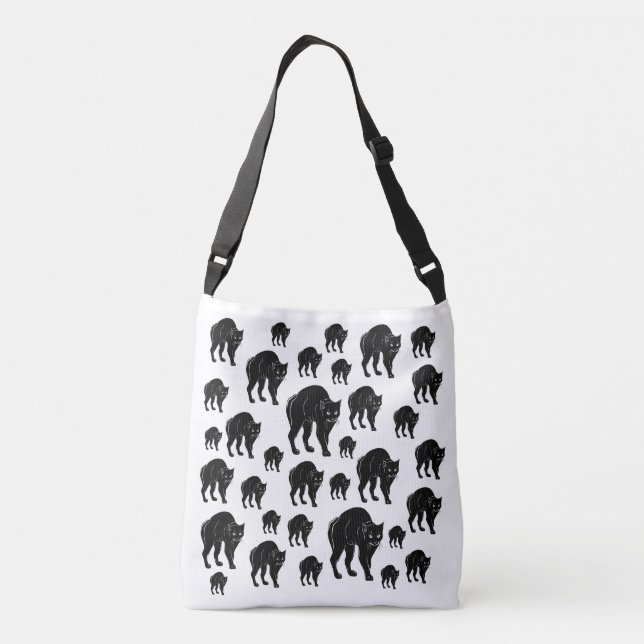Bolso Cruzado Dibujo de silueta de gato negro de Halloween (Reverso)