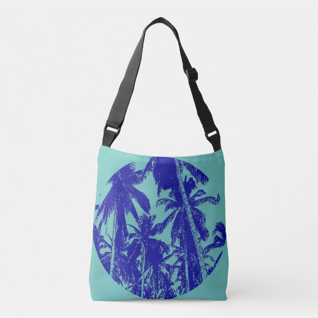 Bolso Cruzado Diseño circular de palmeras tropicales en azul (Anverso)