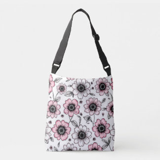 Bolso Cruzado Diseño de boceto de flores y hojas rosadas