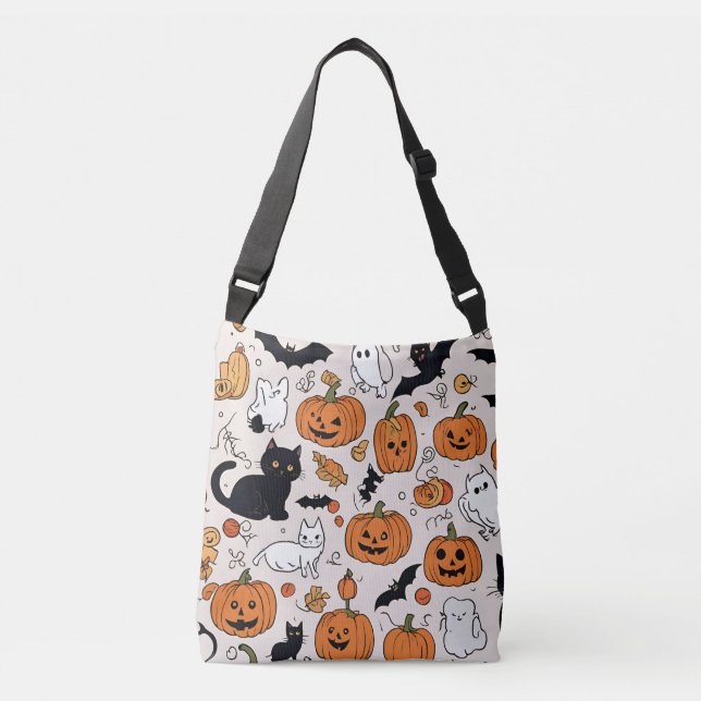 Bolso Cruzado Diseño de gatos negros y espíritus de Halloween (Anverso)