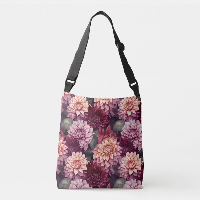 Bolso Cruzado Diseño del patrón Dahlia rosa rojo acuarela (Anverso)