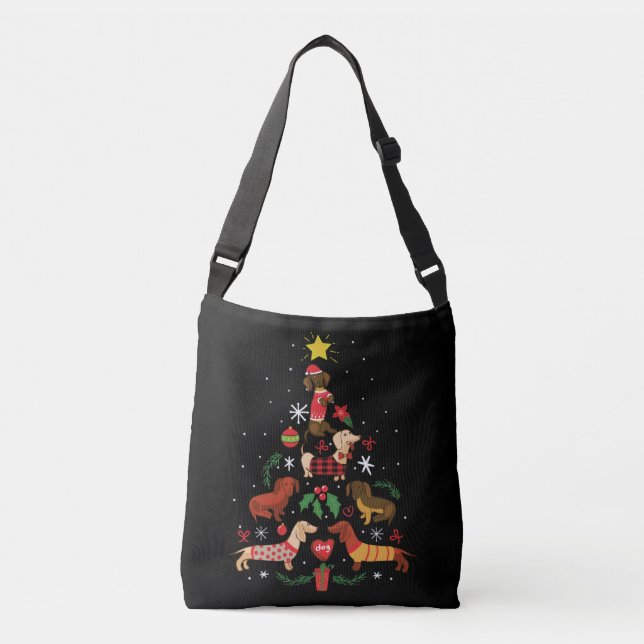 Bolso Cruzado Divertido árbol de Navidad Dachshund (Anverso)