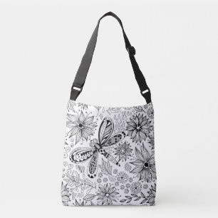 Bolso Cruzado Doodle de libélula y flores