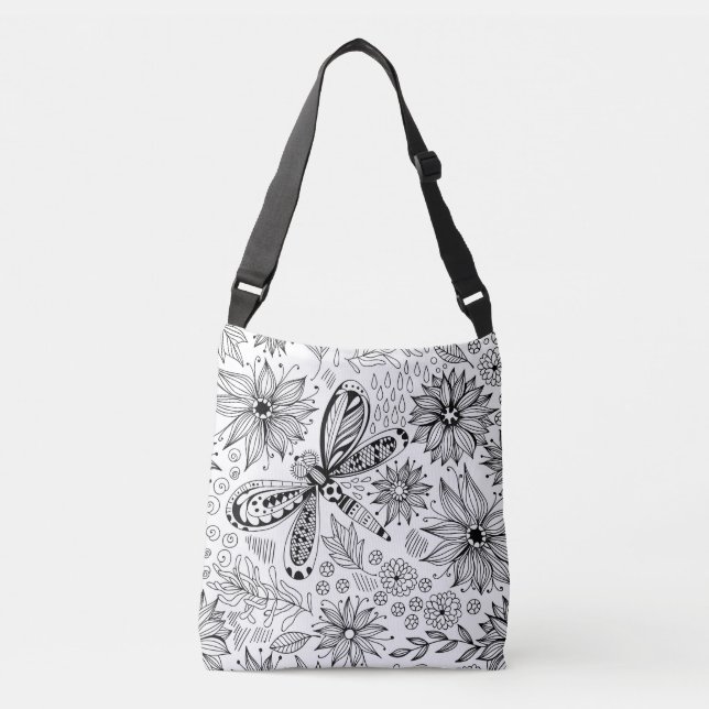 Bolso Cruzado Doodle de libélula y flores (Anverso)