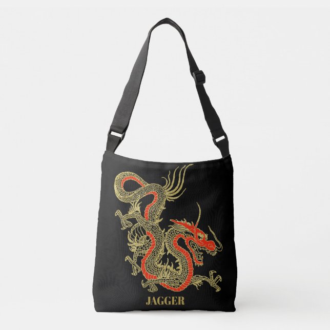 Bolso Cruzado Dragón chino negro de oro rojo (Anverso)
