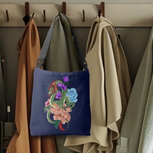 Bolso Cruzado Dragón Chino Verde Místico Floral Azul Marino