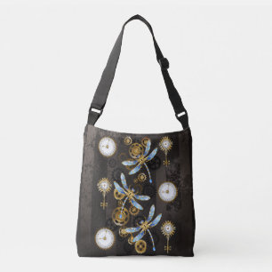 Bolso Cruzado Dragoniscos de Steampunk sobre fondo rayado marrón