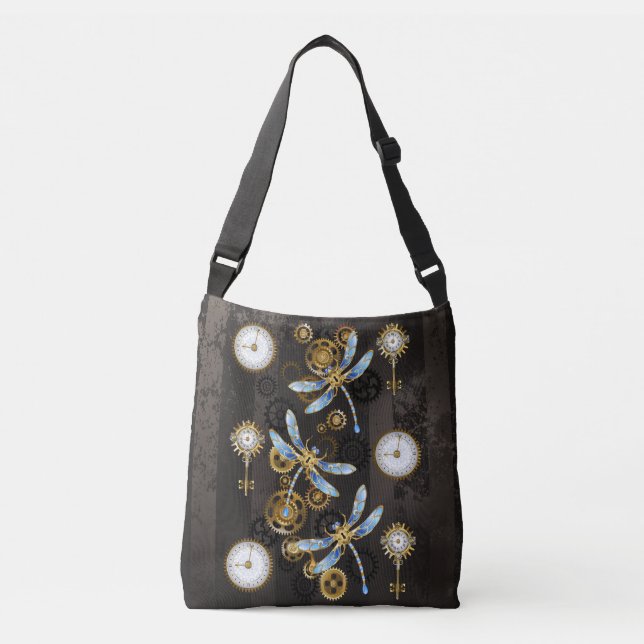 Bolso Cruzado Dragoniscos de Steampunk sobre fondo rayado marrón (Anverso)