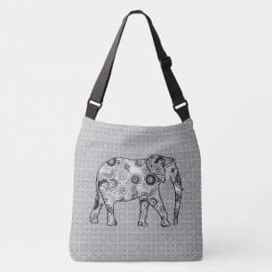 Bolso Cruzado Elefante del remolino del fractal - gris, blanco y