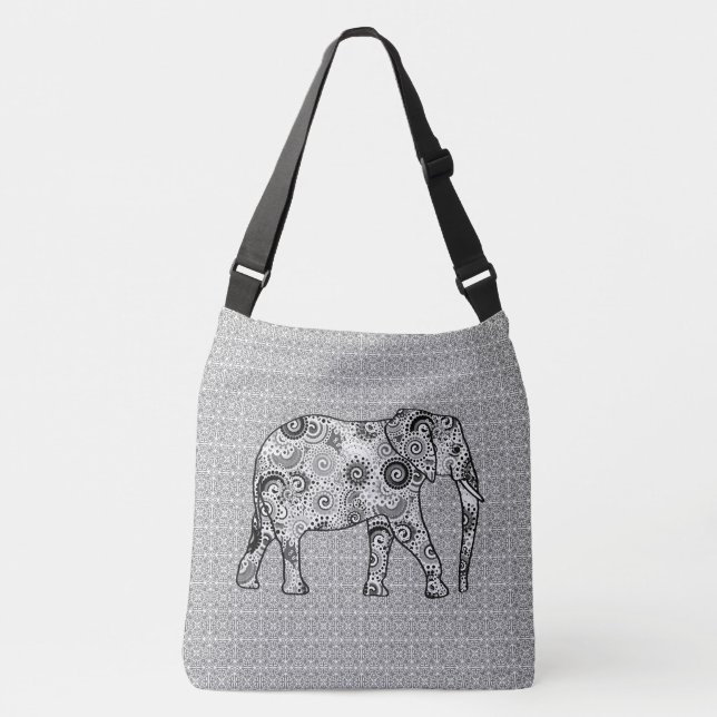Bolso Cruzado Elefante del remolino del fractal - gris, blanco y (Anverso)