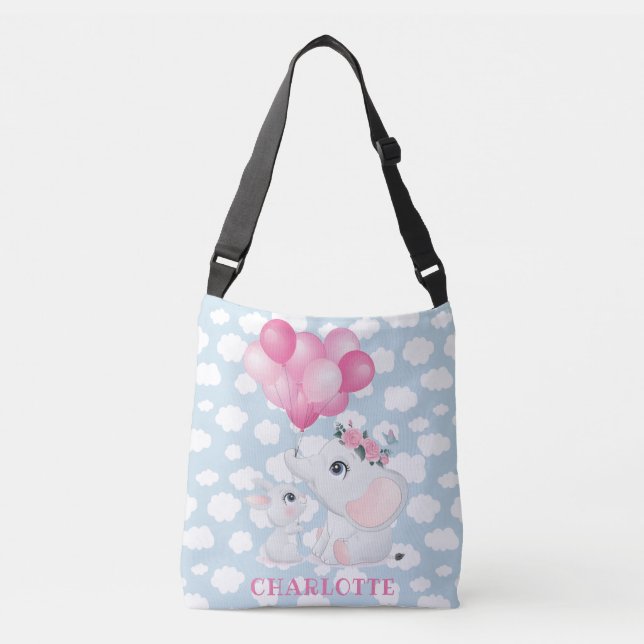 Bolso Cruzado Elefante Femenino y Conejo con Flores y Globo (Anverso)