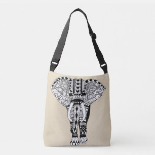 Bolso Cruzado Elefante tribal bohemio blanco y negro