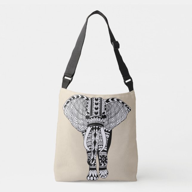 Bolso Cruzado Elefante tribal bohemio blanco y negro (Anverso)