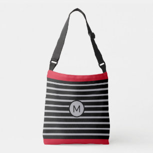 Bolso Cruzado Elegant Monogram on Black, Red & Silver Striped