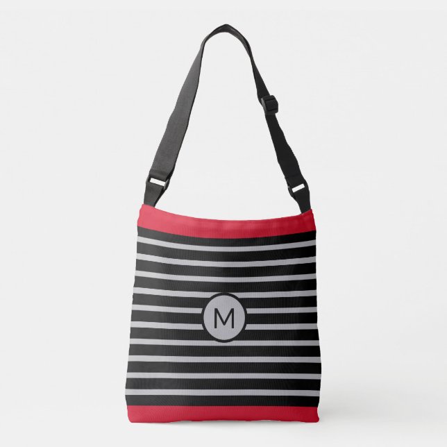 Bolso Cruzado Elegant Monogram on Black, Red & Silver Striped (Anverso)