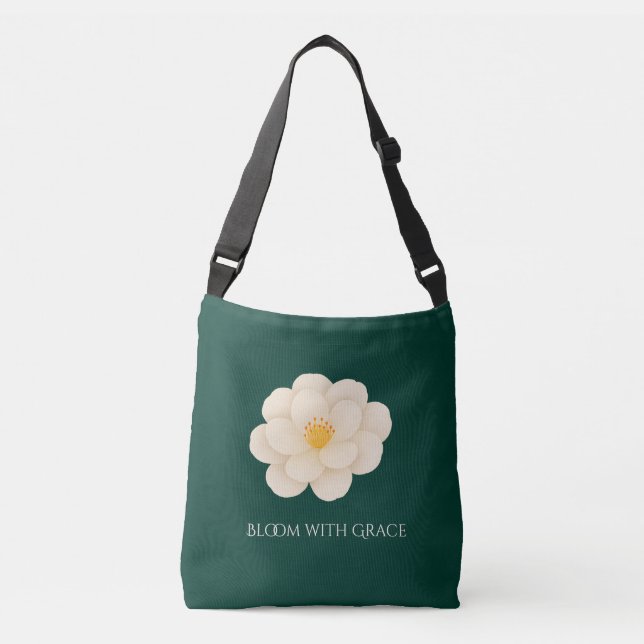 Bolso Cruzado Elegant White Camellia Deep Green Botanical Bloom  (Anverso)
