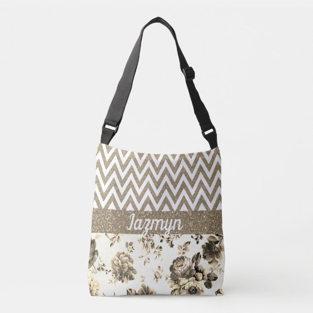 Bolso Cruzado Elegante Chevron Purpurinoso floral personalizado (Anverso)